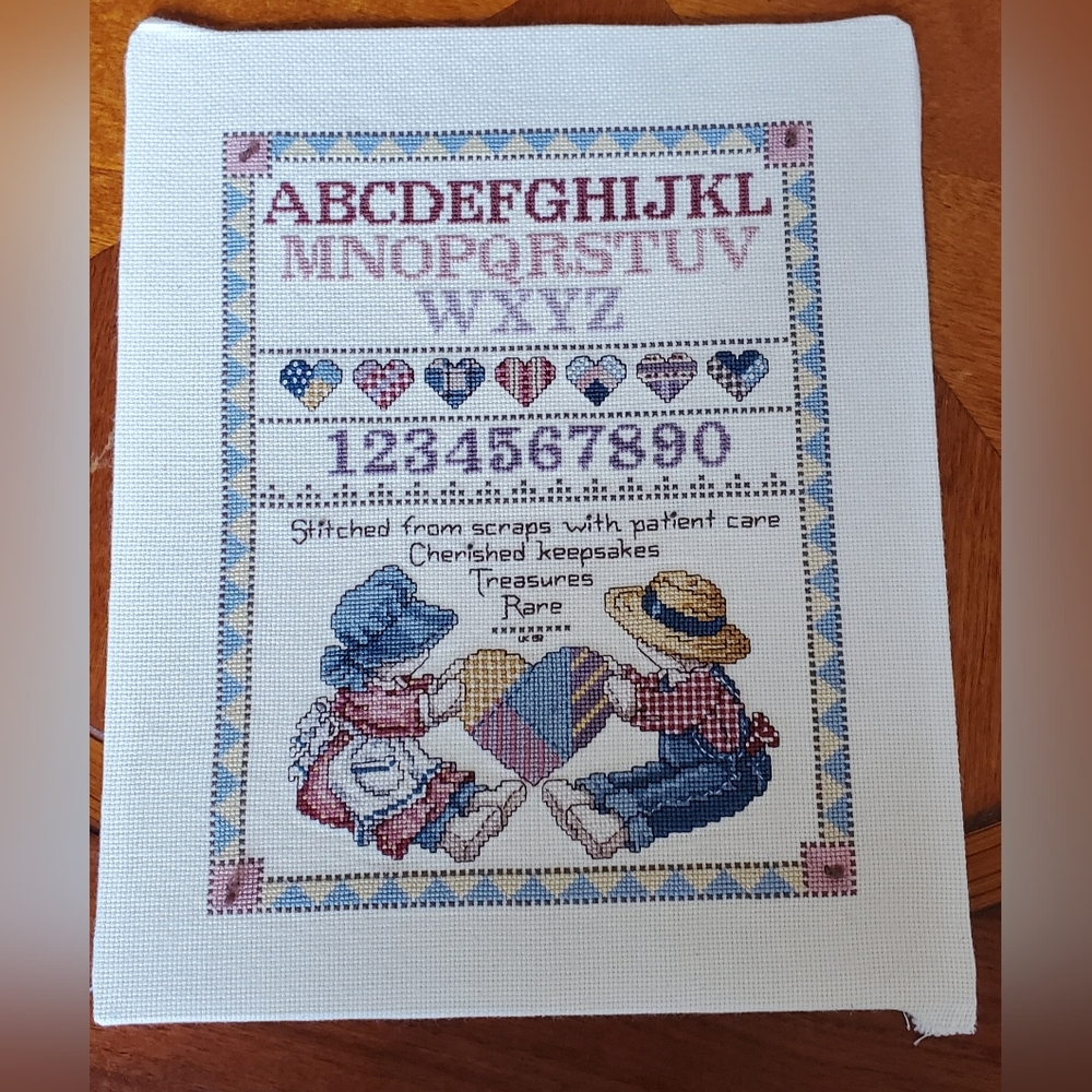 VTG 80s Cross Stitch Country Sampler Completed Alphabet Numbers Heart embroidery